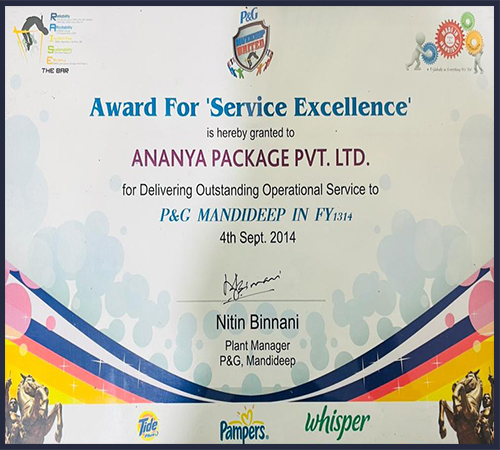 P&G Mandideep Service Excellence award presented to Ananya Package Pvt. Ltd. for FY1314, dated 4 September 2014