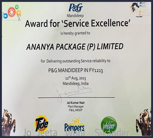 P&G Mandideep Service Excellence award presented to Ananya Package (P) Limited for FY1213, dated 12 August 2013